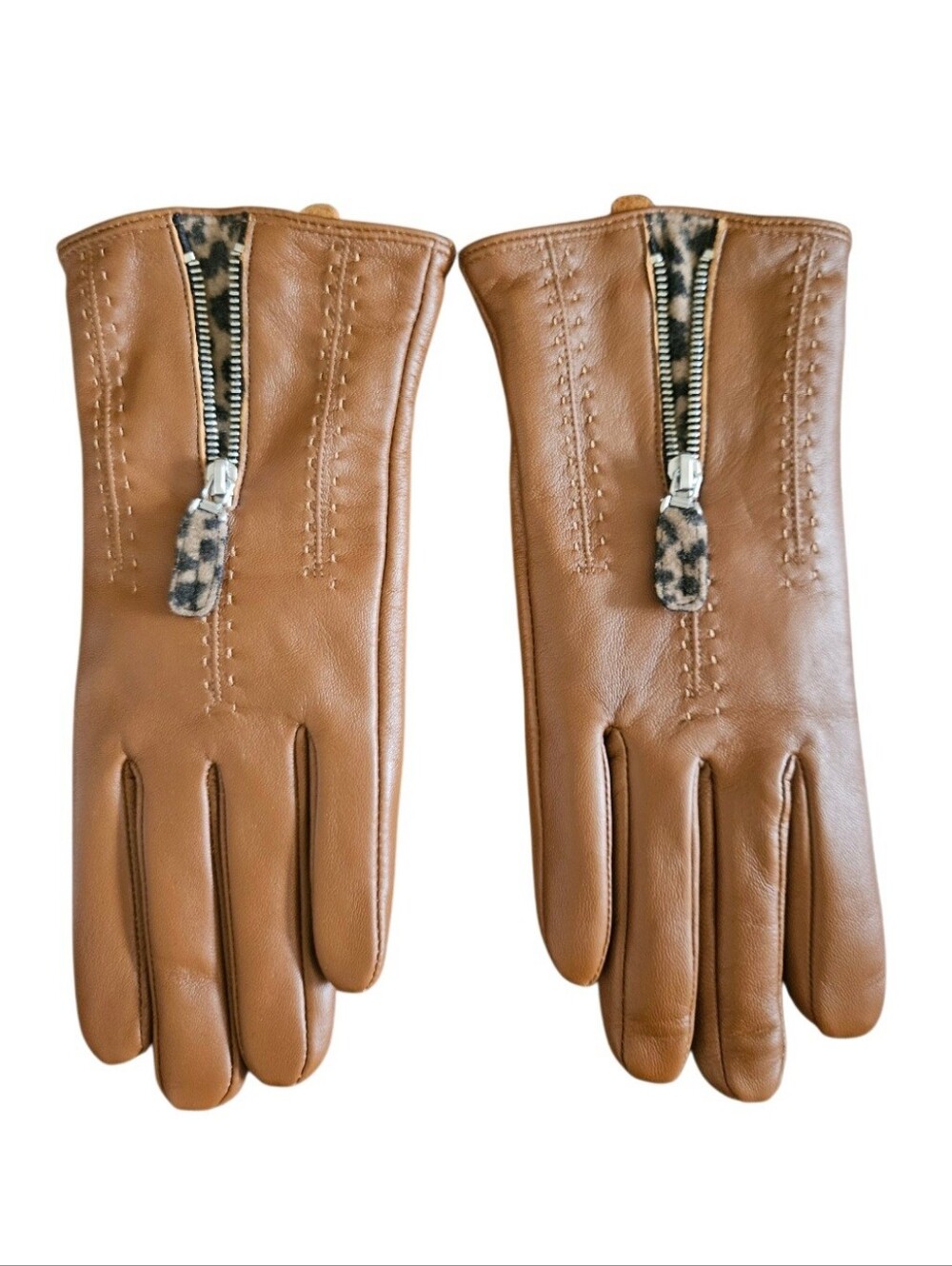 Women's Brown Leather Zip-Top Leopard Accent Gloves Size L